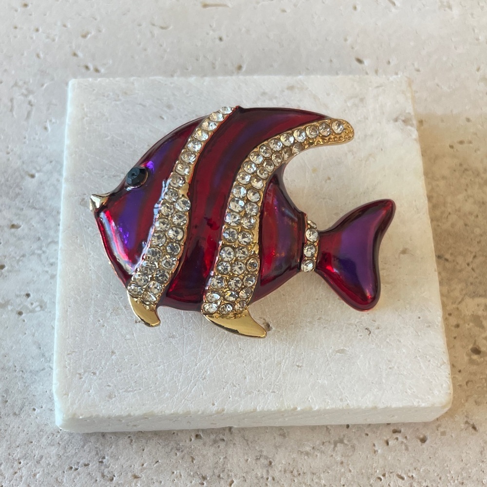 Anthropologie Red and Gold Crystal Fish Brooch